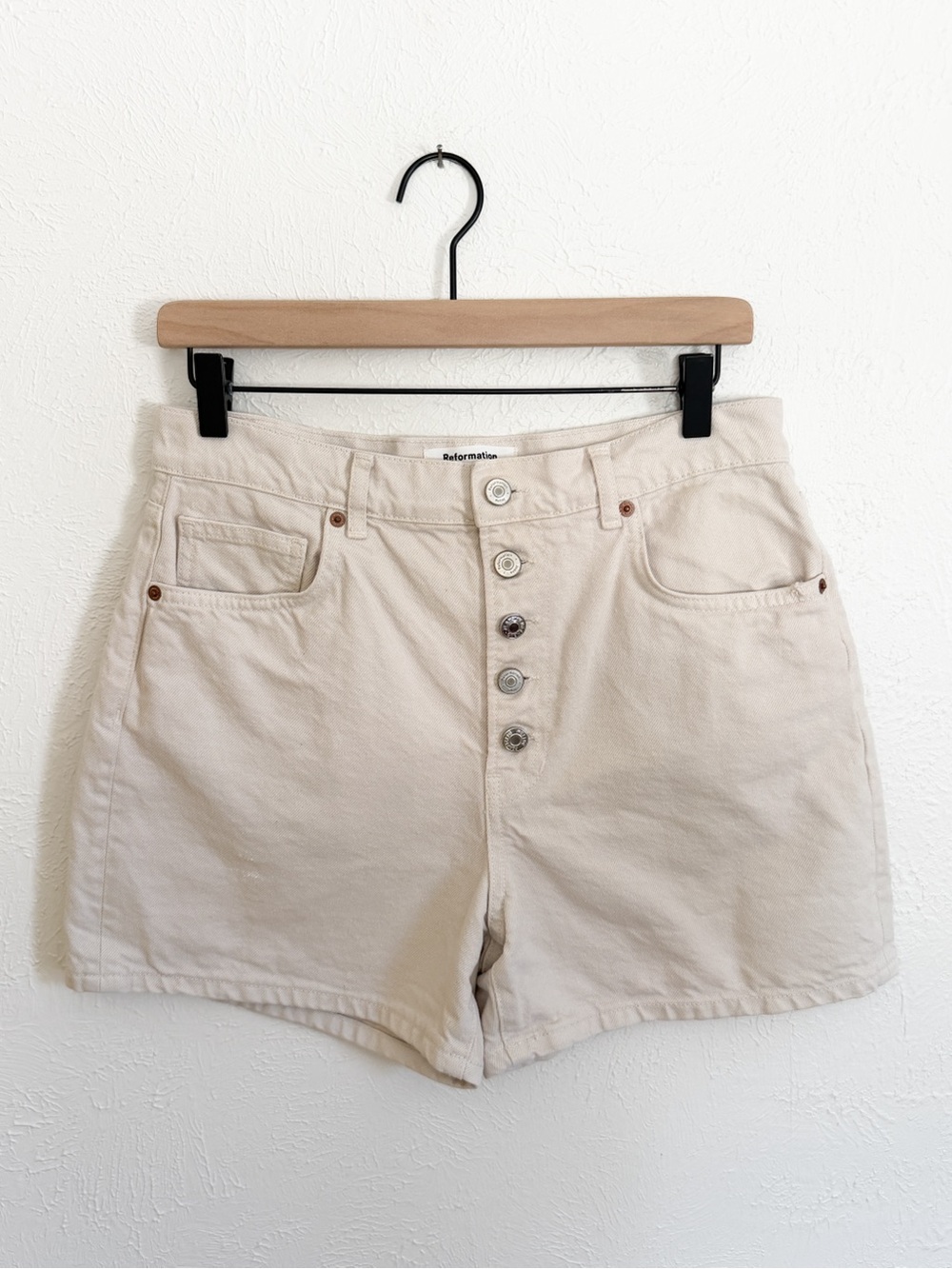 Reformation Amy Cream High-Rise Button Denim Shorts